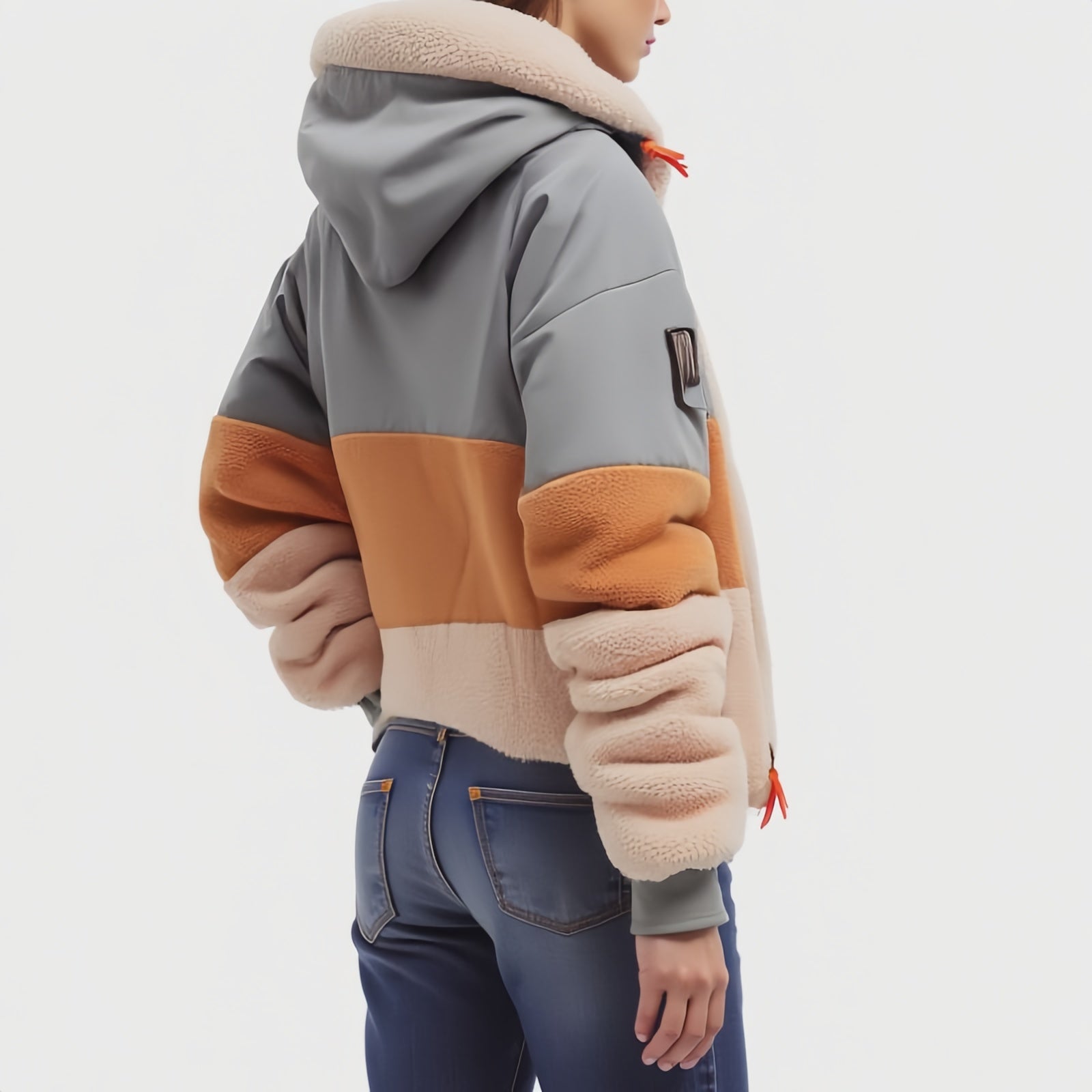 Arctic Blend – Oversized Hooded Fleece Jacket in Beige, Tan, and Grey with Orange Details