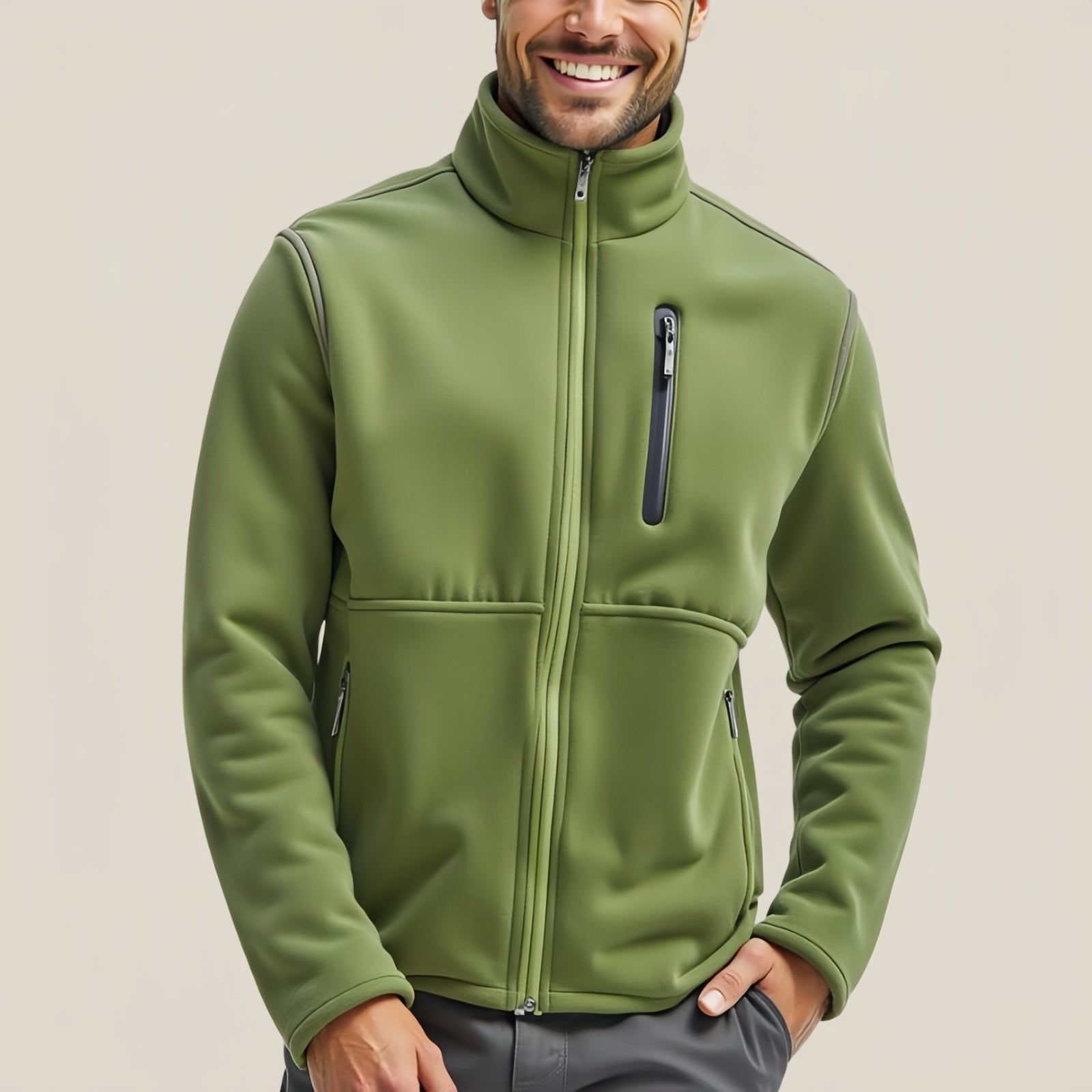 Verdant Trail – Green Fleece Jacket with Zip Pockets and High Neck