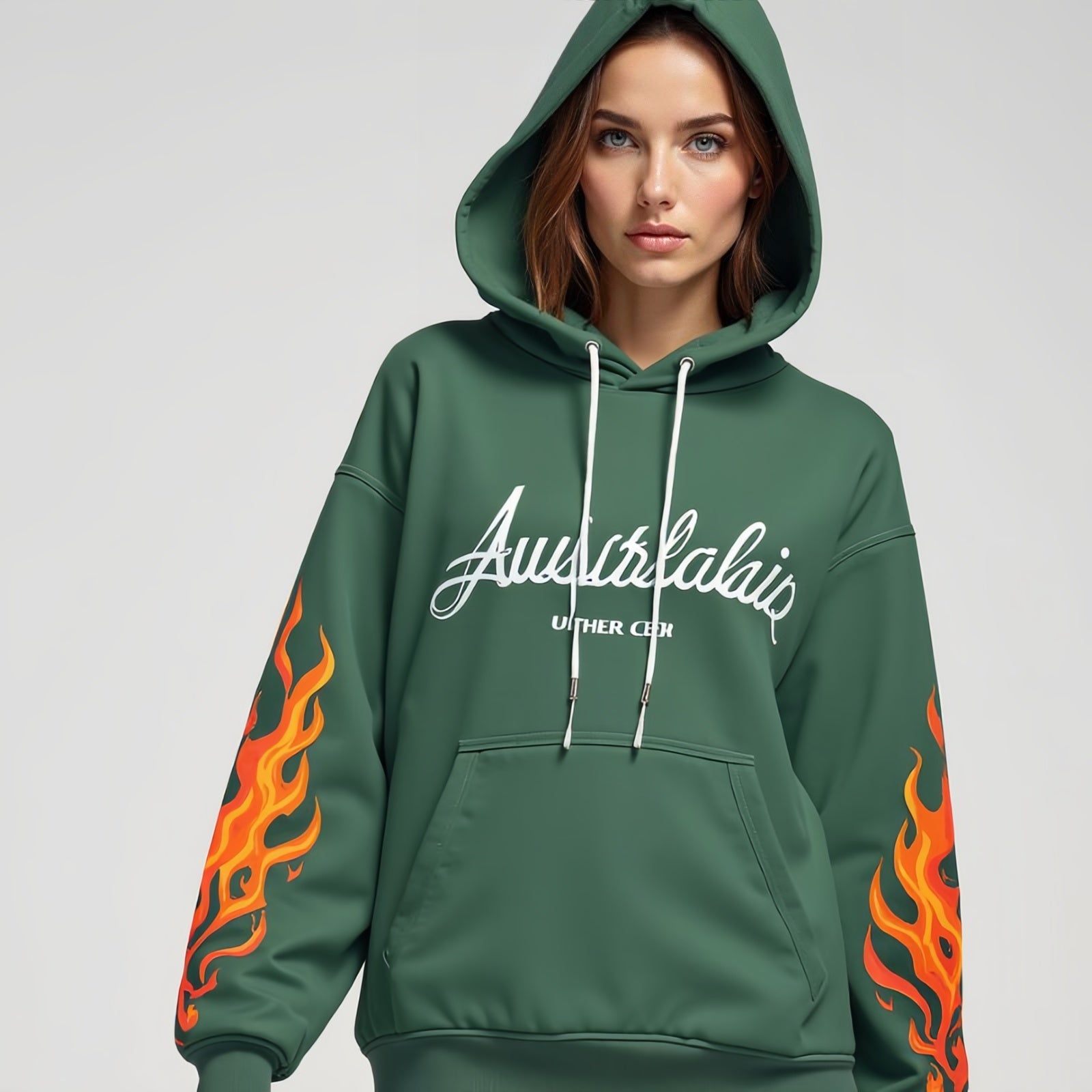 Australialp Flame Hoodie – Green Hoodie with Front Slogan and Flaming Sleeves