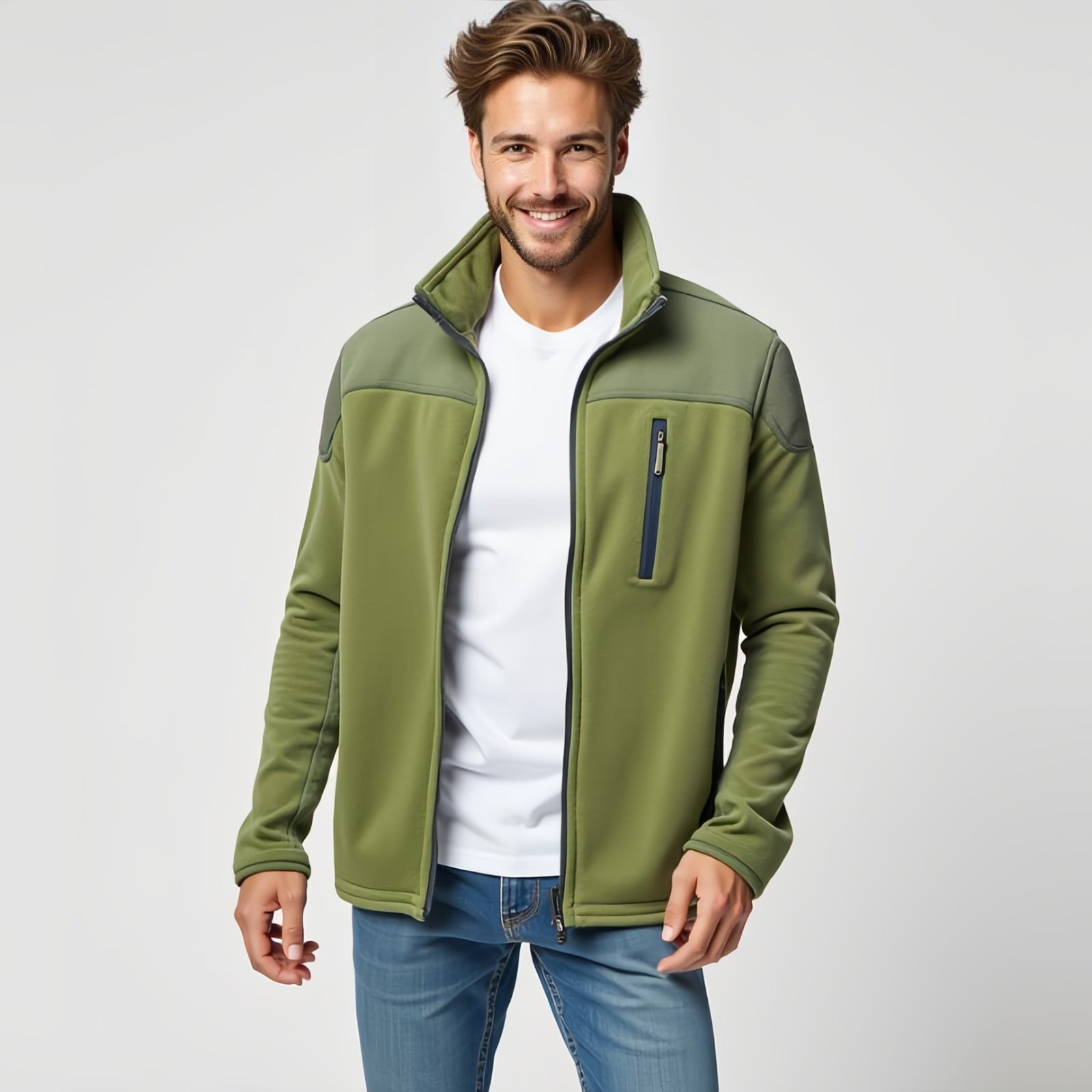 Verdant Ridge – Green Fleece Jacket with Contrast Panel and Zip Chest Pocket