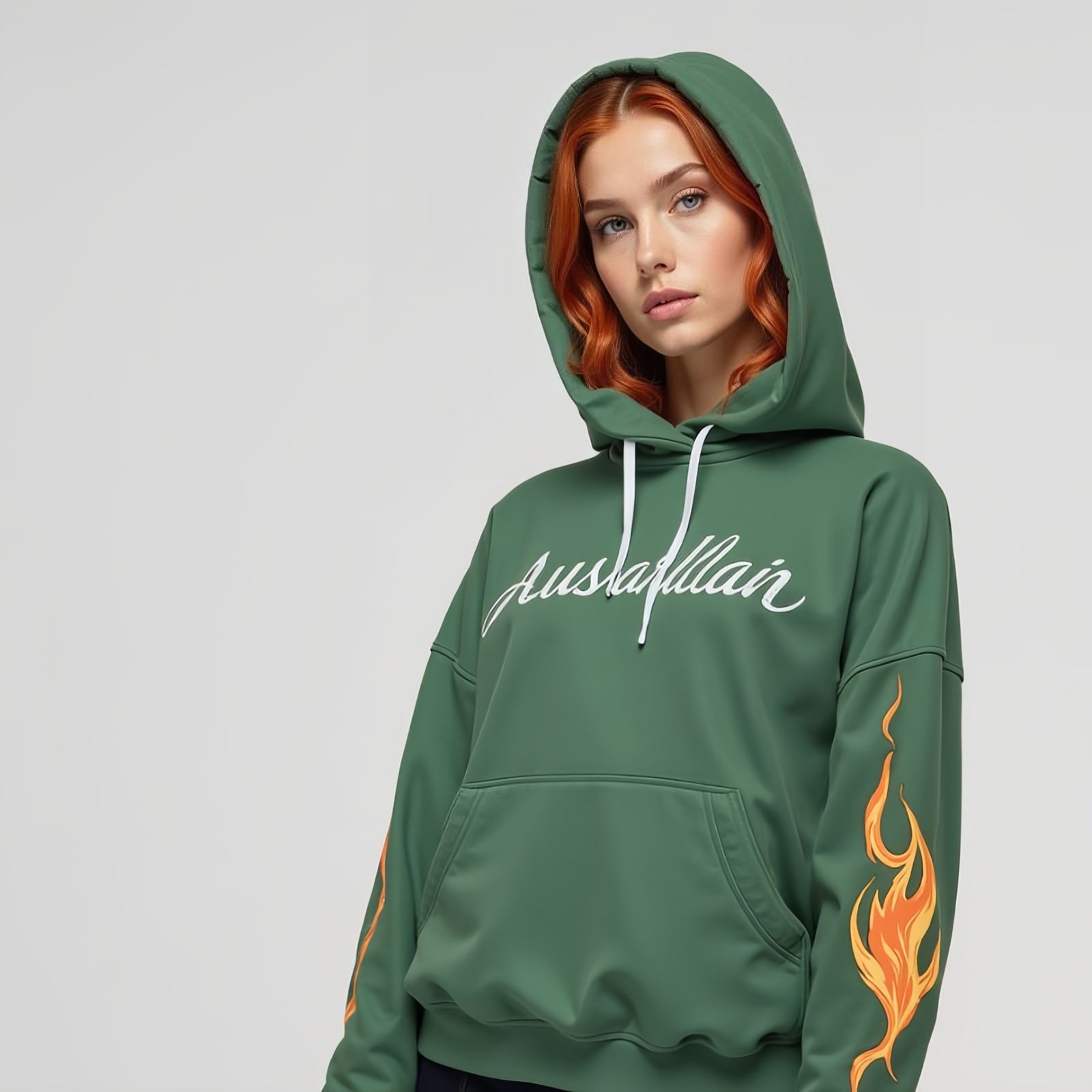 Australialp Flame Hoodie – Green Hoodie with Front Slogan and Flaming Sleeves