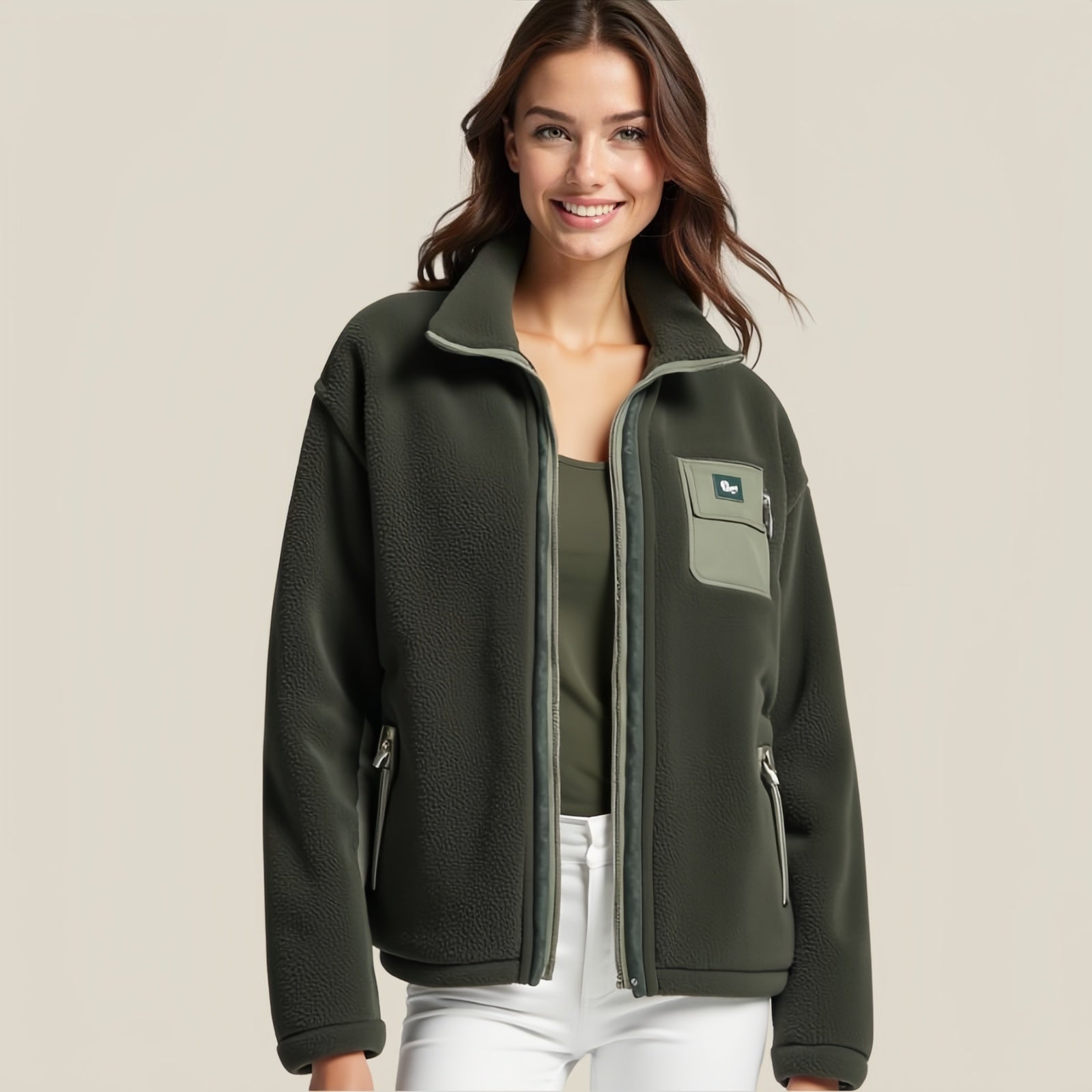 Rhe Alpine Zip – Giacca in Pile Verde Foresta con Tasche e Dettagli Tecnici