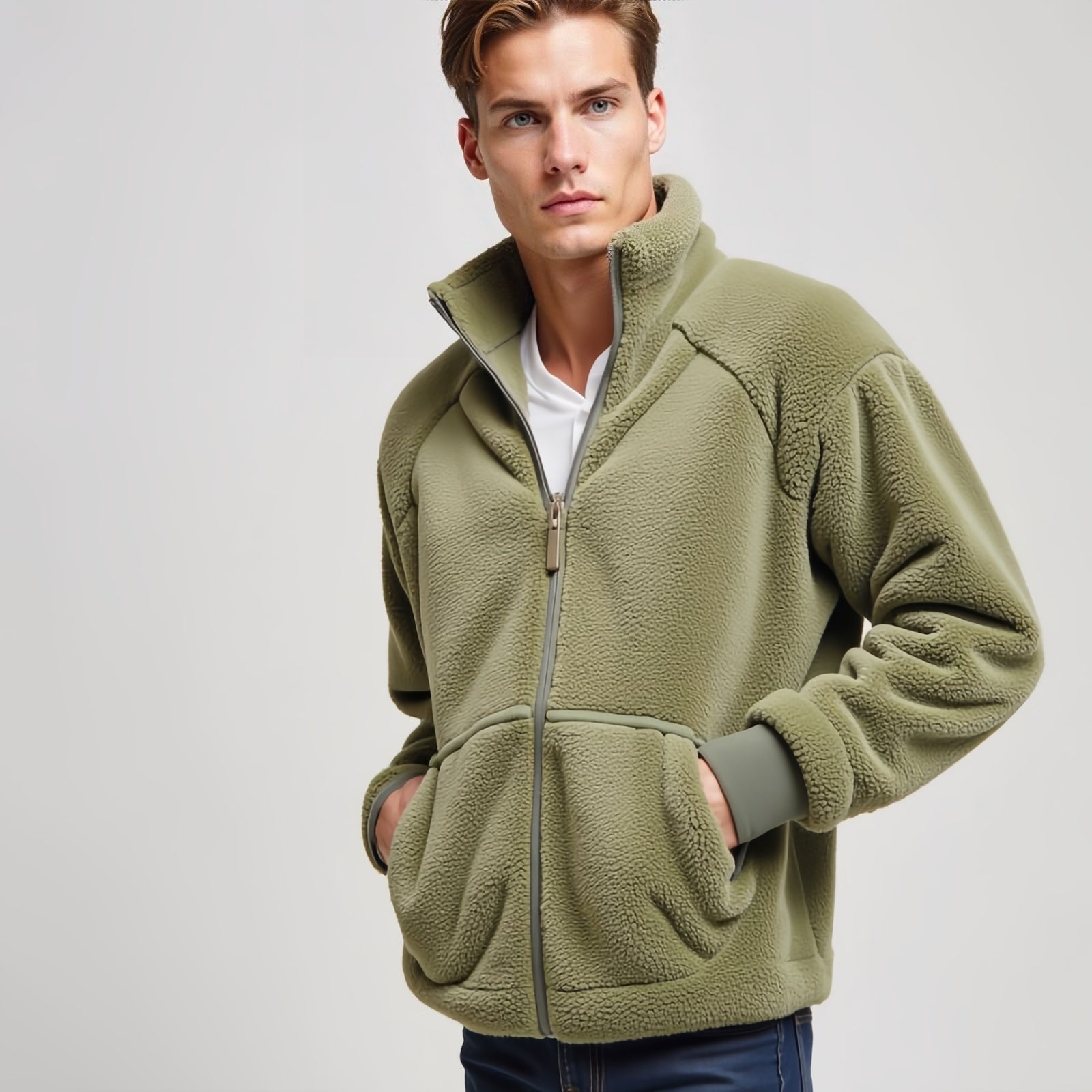 Evergreen Zip Fleece – Sage Green Technical Jacket with Pockets and High Neck