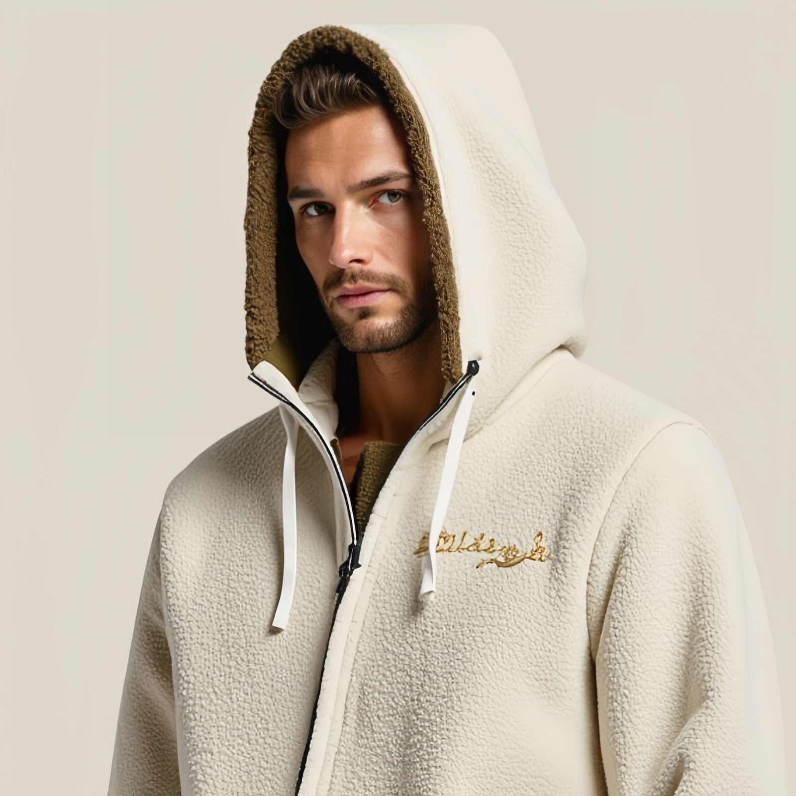 Nomad Fleece Zip – Cream Fleece Hooded Jacket with Zip and Embroidery