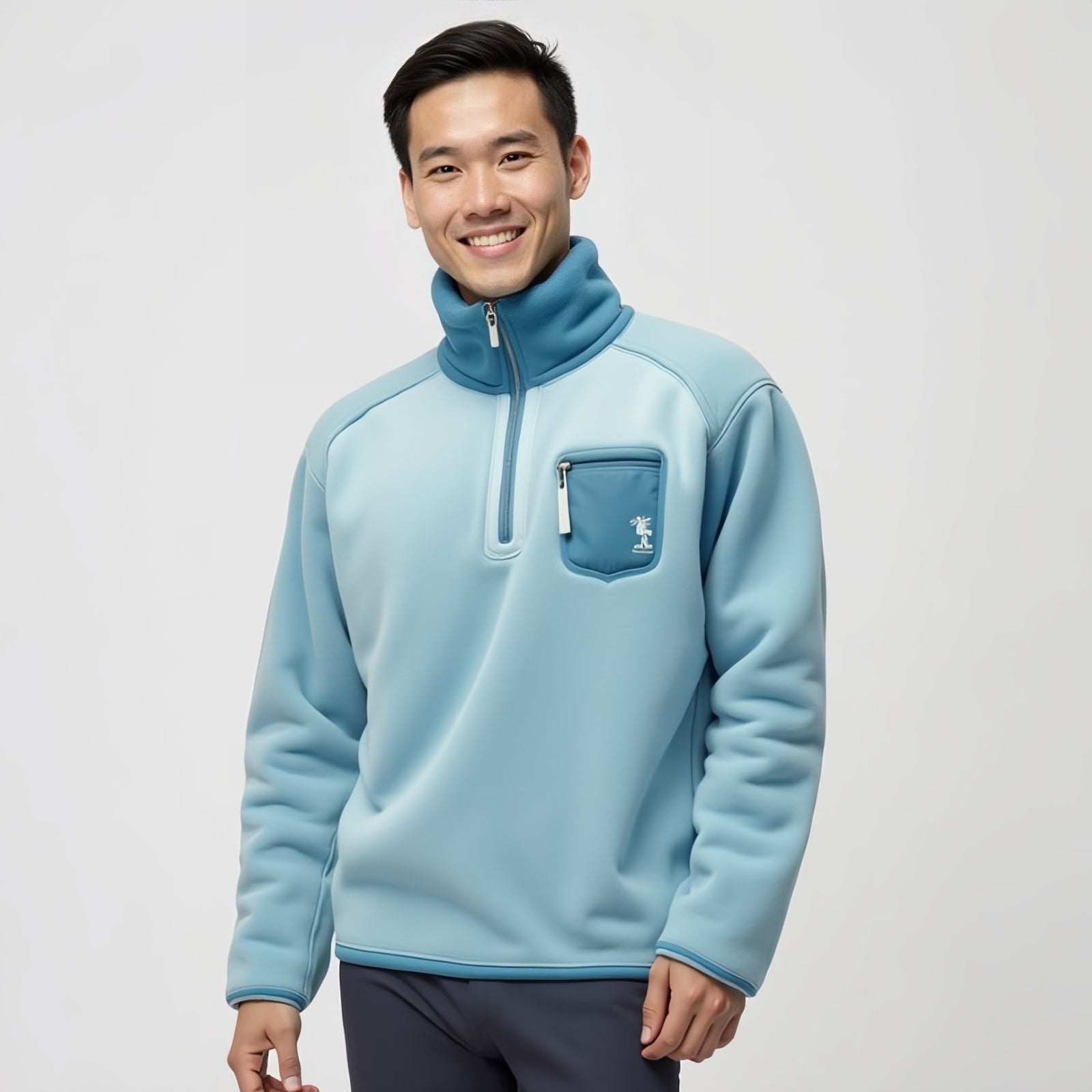 Laguna Quarter-Zip – Light Blue Fleece Pullover with Contrast Pocket and Palm Tree Embroidery
