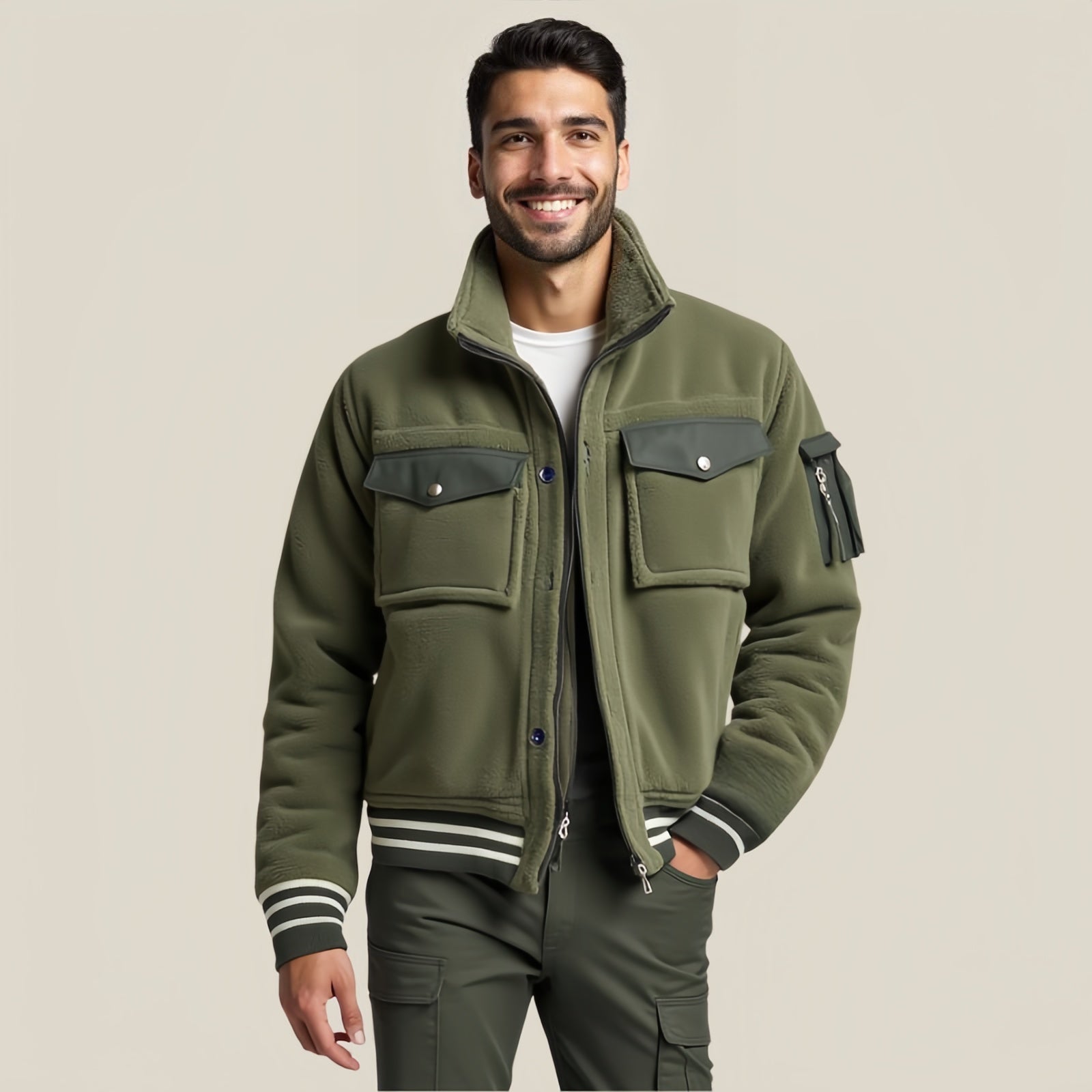 Field Utility Fleece – Giacca in Pile Verde Oliva con Tasche Multiple e Dettagli Sportivi