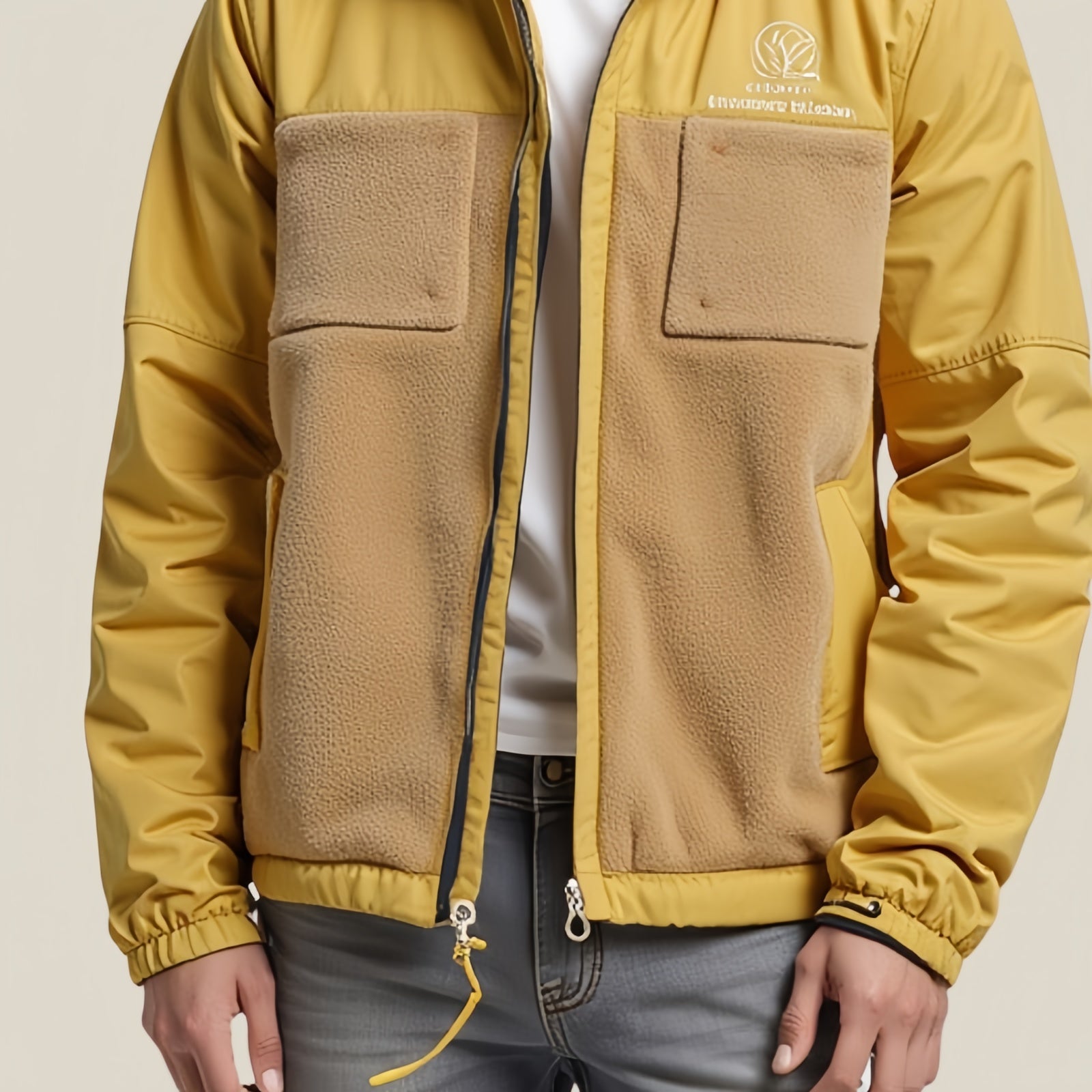 Studio Nomad Fleece – Giacca Tecnica Giallo Ocra con Inserti in Pile Beige e Logo Ricamato