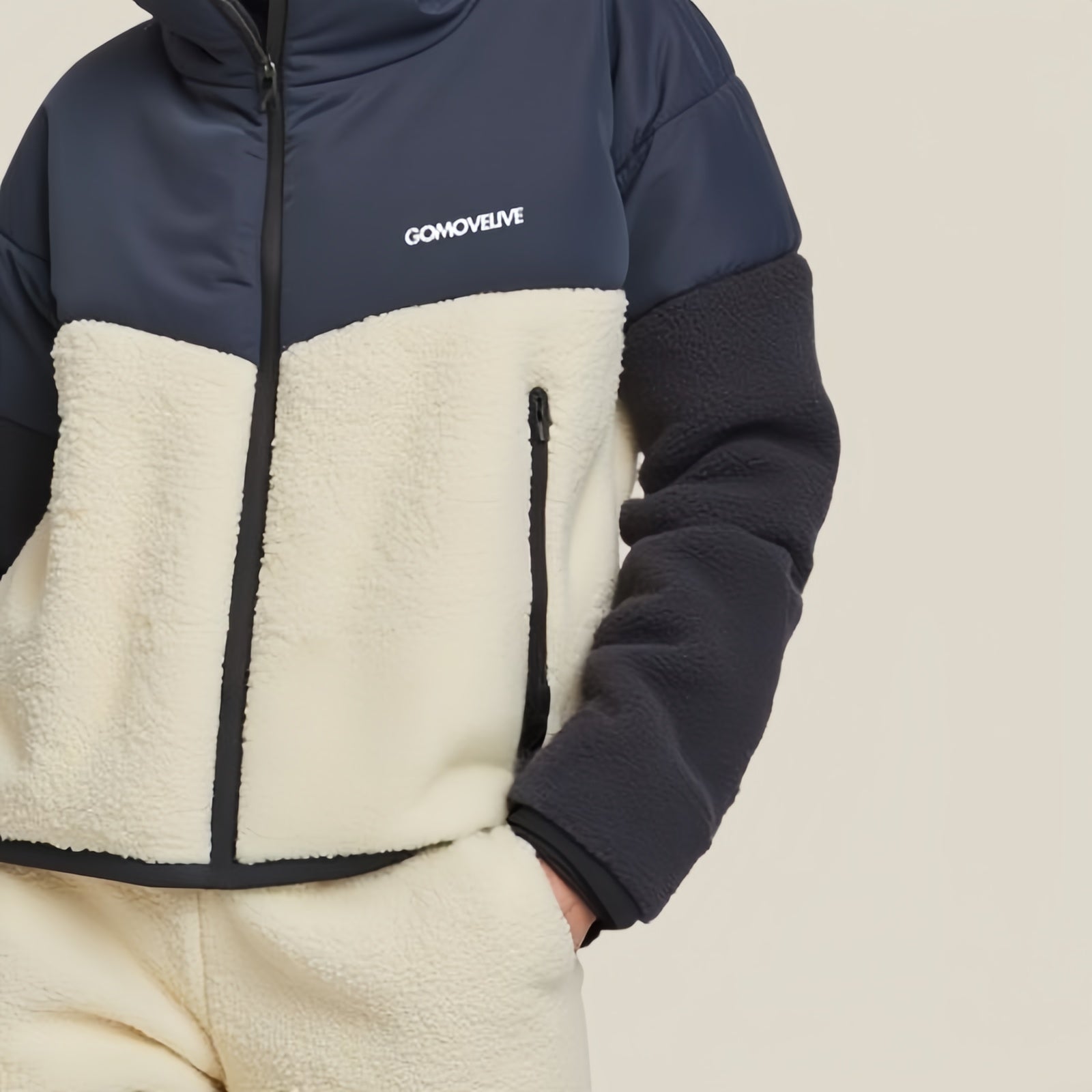 GOMOVELIVE Block Fleece – Tricolor Technical Jacket with Front Zip and Embroidered Logo