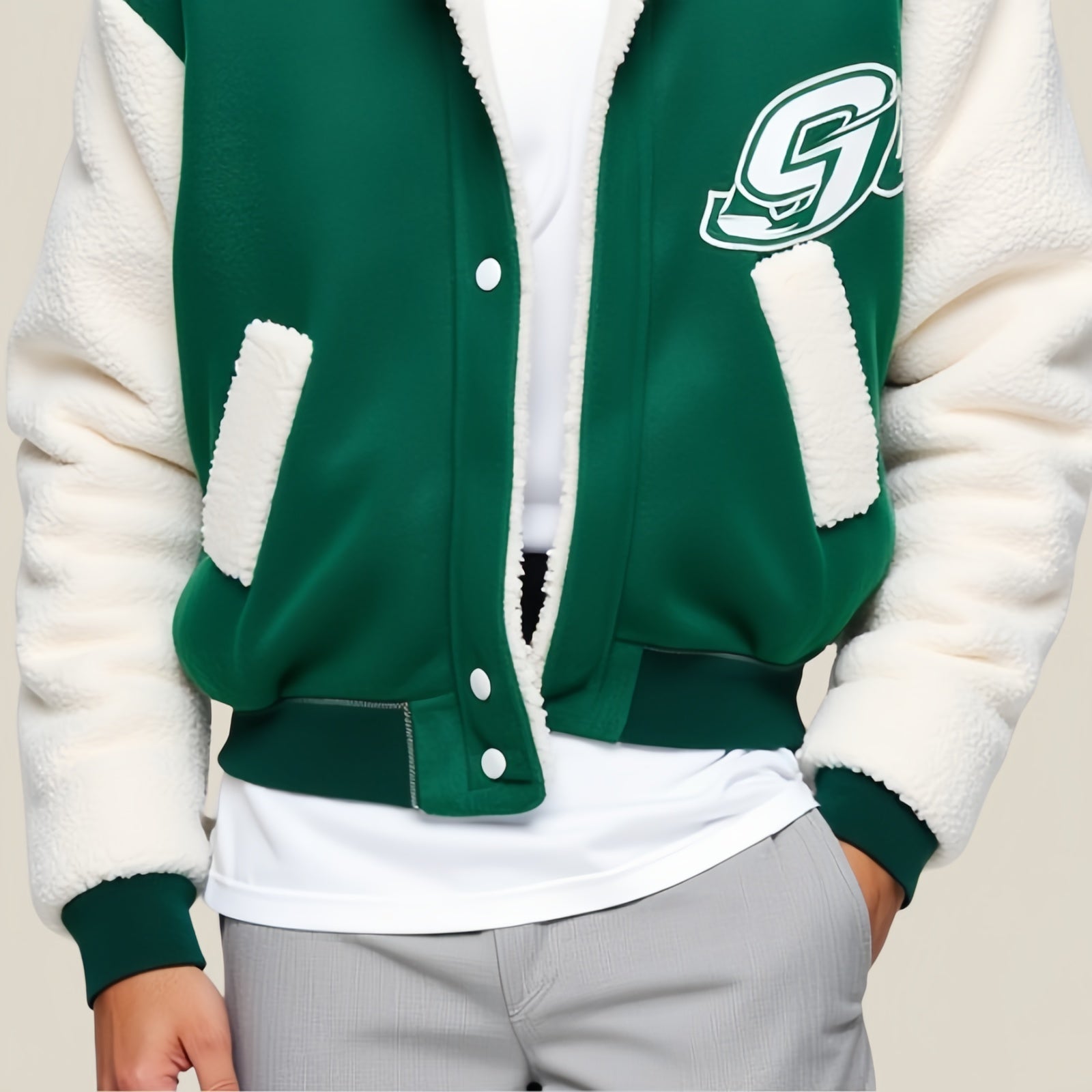 Varsity Sherpa Jacket – Giacca College Verde con Maniche in Pile Bianco e Colletto Foderato