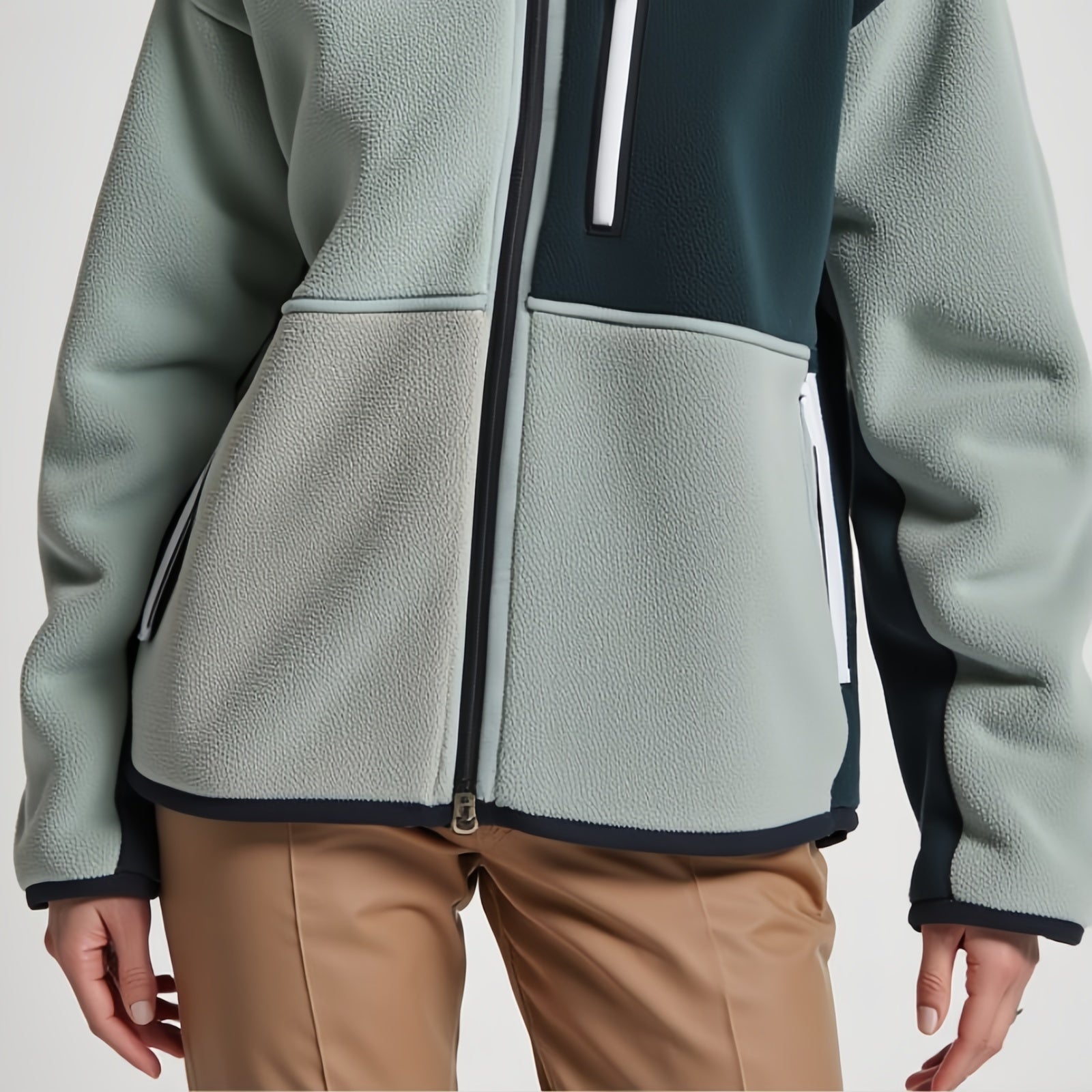 Dual Axis Fleece – Two-Tone Green and Grey Technical Jacket with Asymmetric Pockets and Front Zip