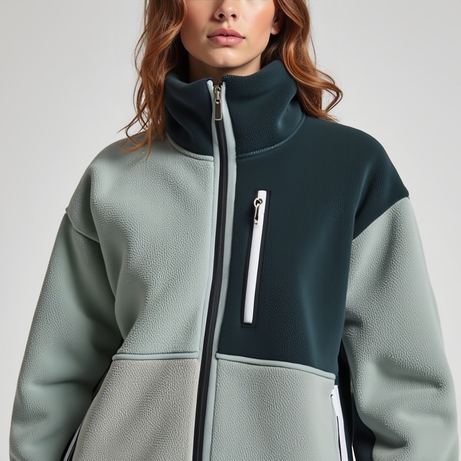 Dual Axis Fleece – Two-Tone Green and Grey Technical Jacket with Asymmetric Pockets and Front Zip