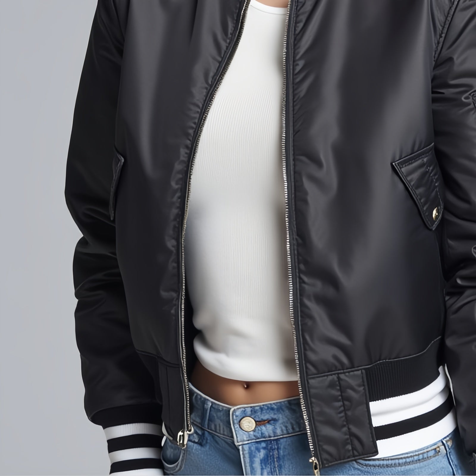 STILE ICONICO – BOMBER CROP IN NERO CON DETTAGLI BIANCHI