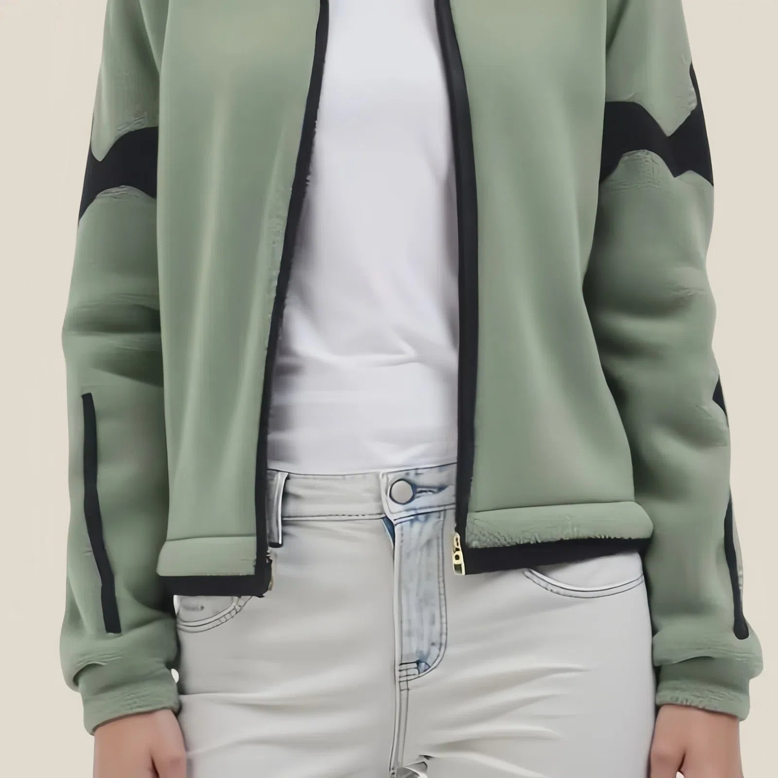 Sage Green Fleece Jacket with Black Graphic Details