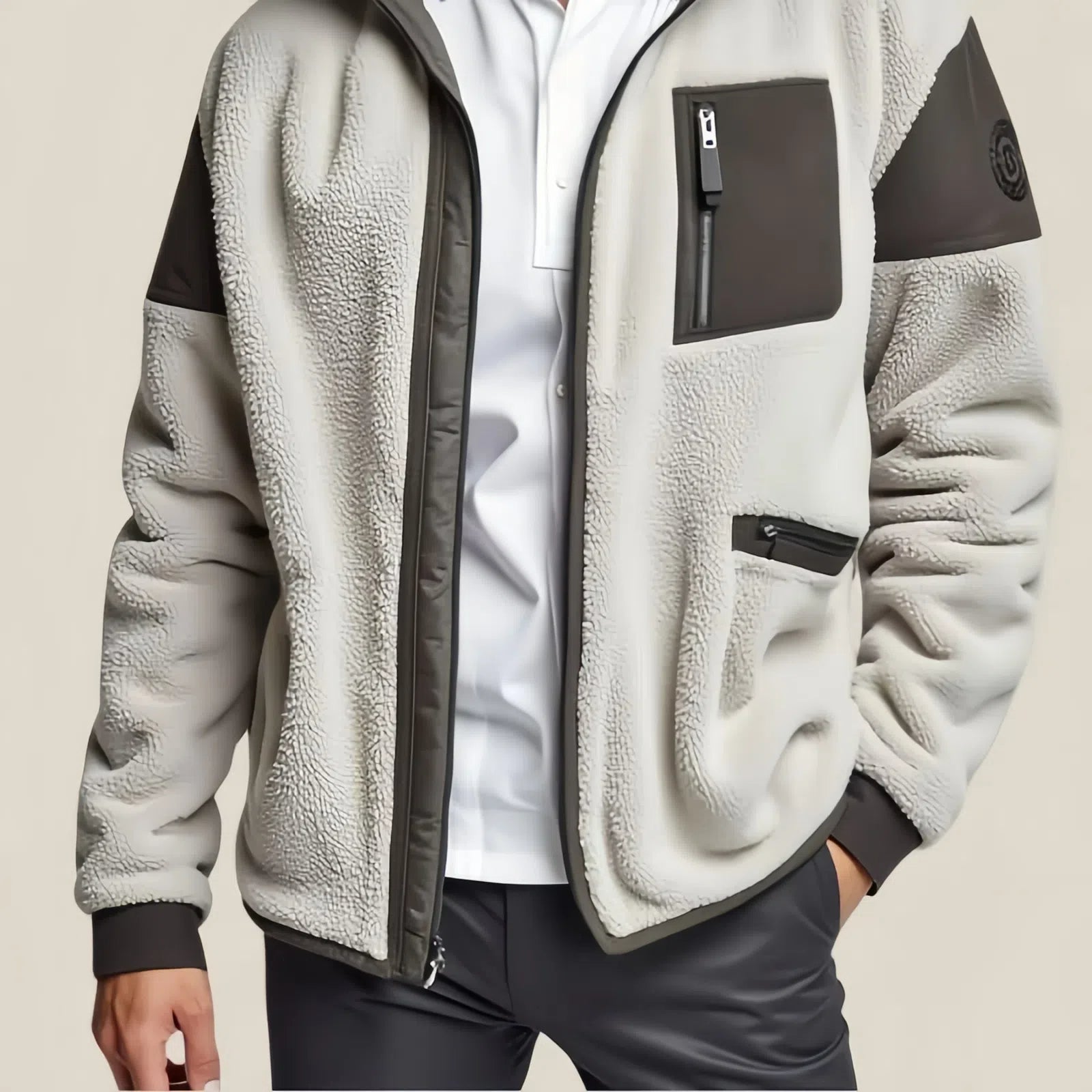 Light Teddy Bear Jacket with Contrasting Faux Leather Details