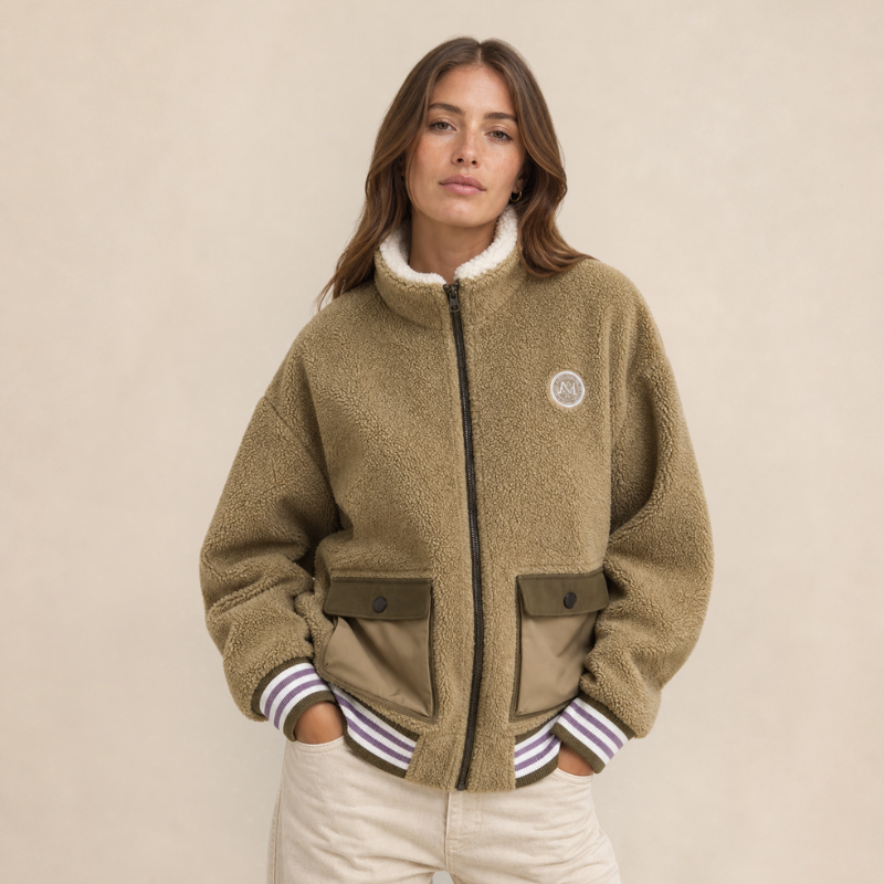 Beige Fleece Bomber Jacket with Striped Details