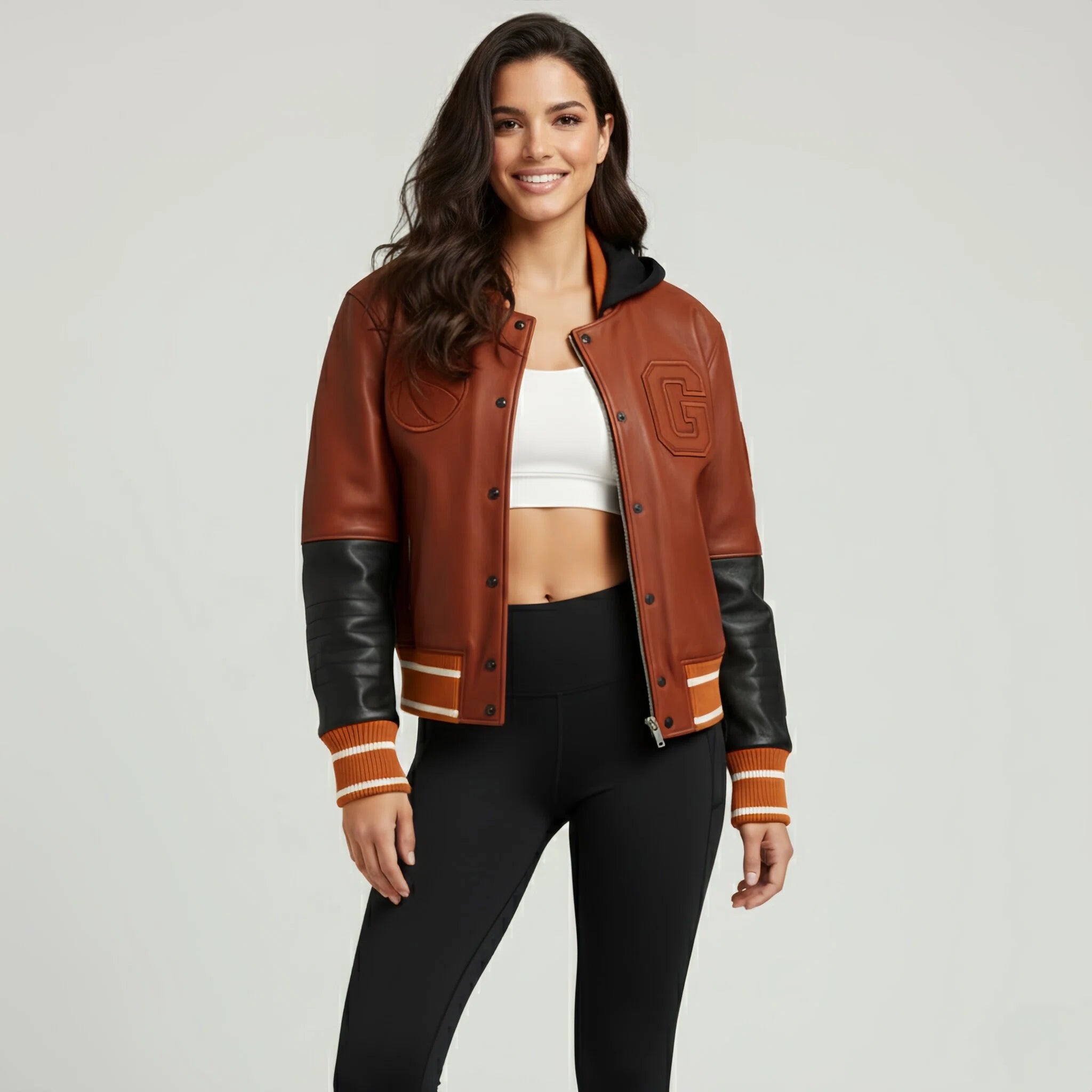 Double Flame Varsity — Veste de sport en cuir avec capuche et écussons brodés