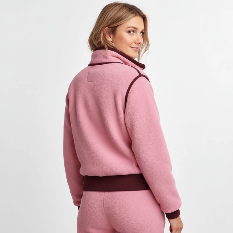 Blush Trail – Pink Fleece Set with Burgundy Details and Contrasting Zip
