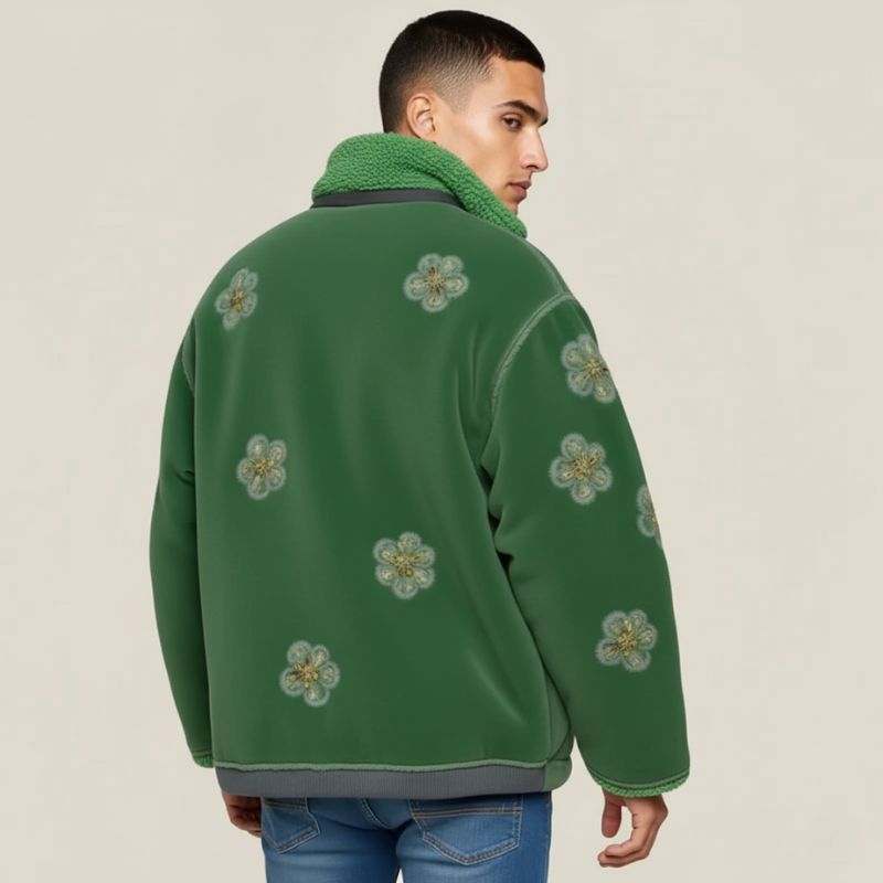 Altai Floral Fleece – Giacca Tecnica Verde con Motivi Tradizionali Mongoli Ricamati
