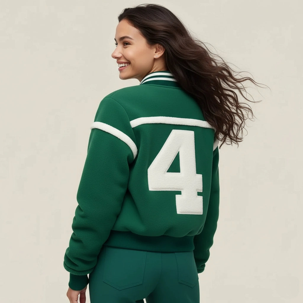 Squad Zip Fleece – Giacca Varsity Verde con Dettagli Bianchi e Numero Ricamato