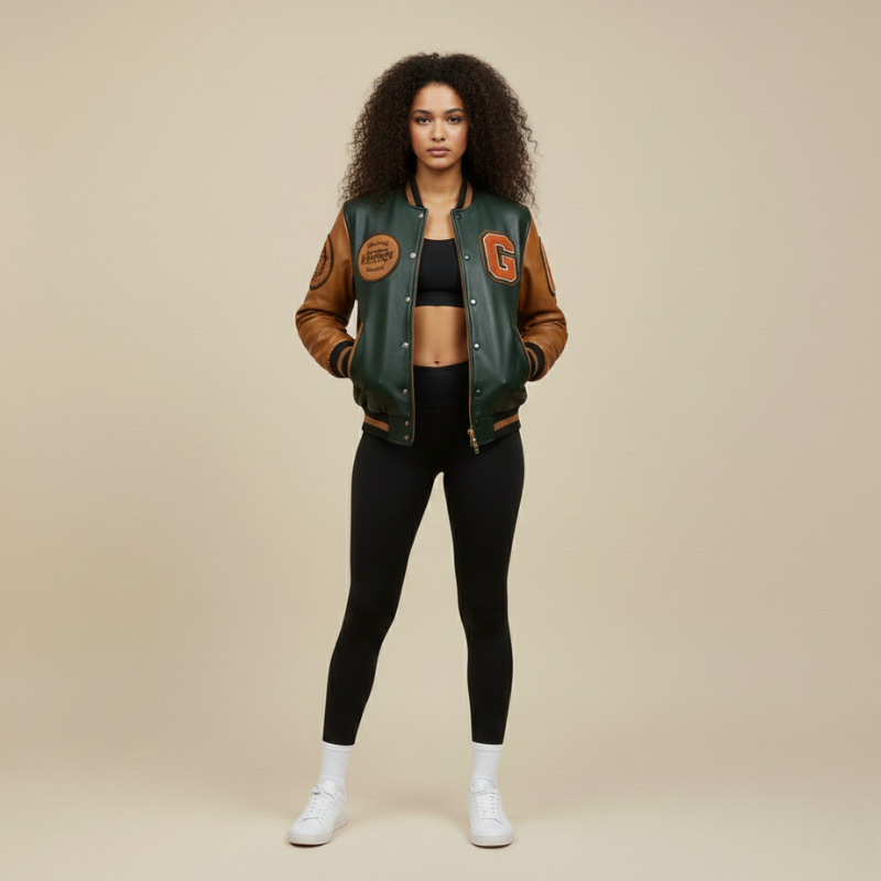 “Heritage Drive” – Varsity jacket in pelle e tessuto con patch iconici