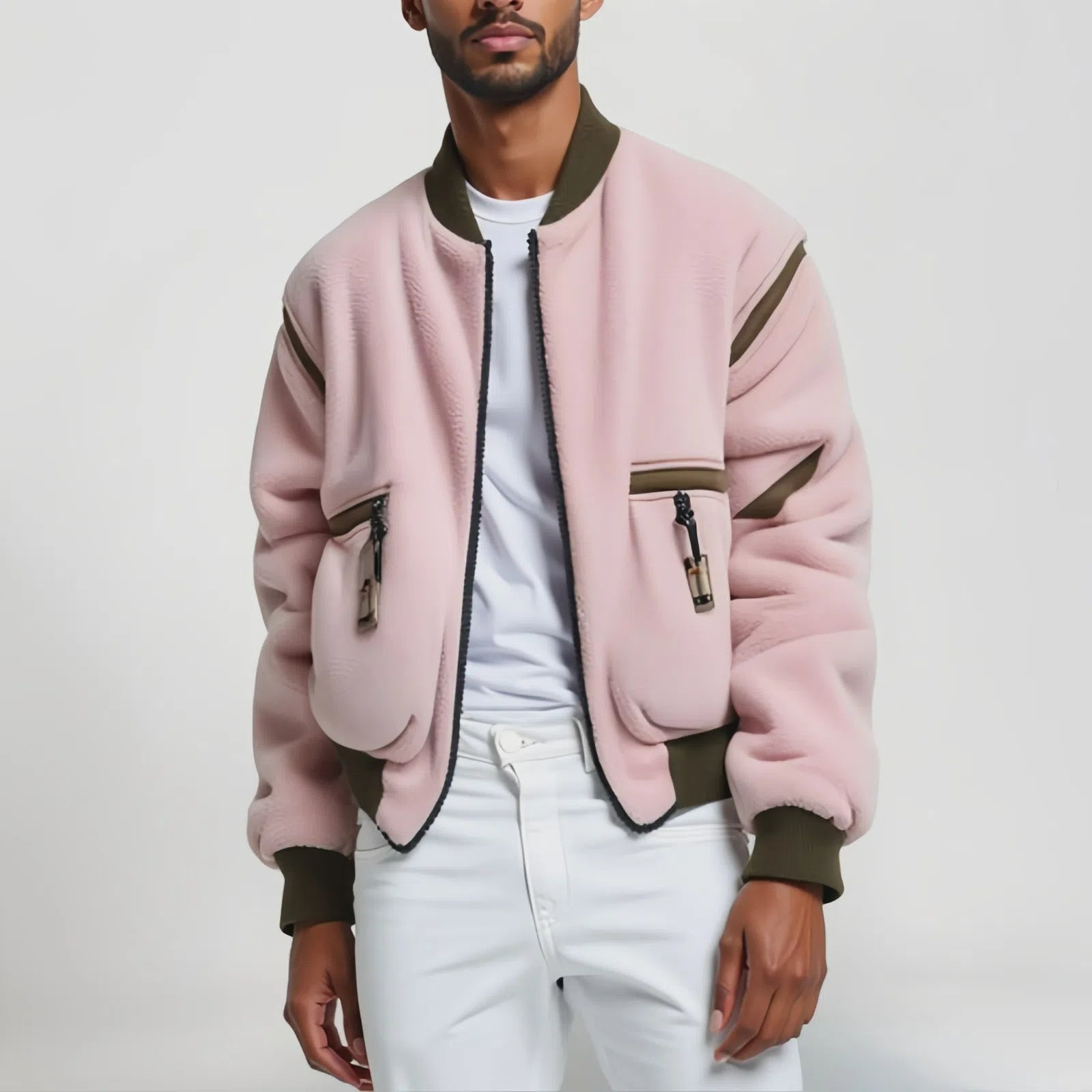 Blush Terrain – Pink Teddy Bomber Jacket with Olive Green Details and Urban Lines