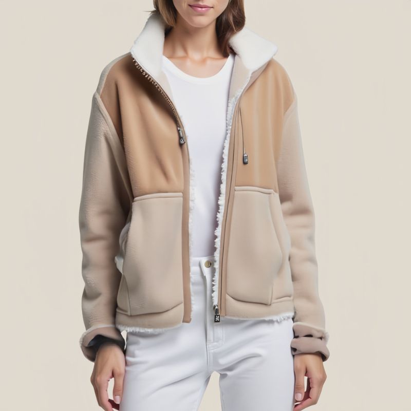 Cream Fold – Beige Fleece Jacket with White Sherpa Lining and Oversized Pockets