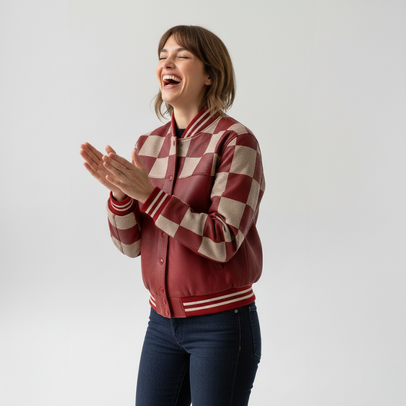 “Gridline Rebel” – Varsity in pelle con stampa checker e taglio sportivo sartoriale