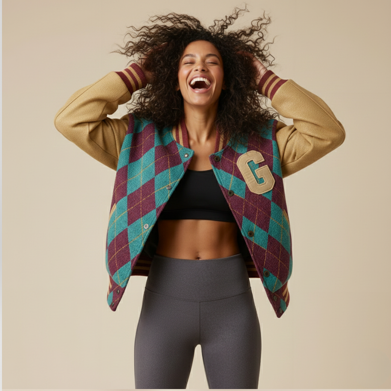 “Argyle Impact” – Varsity in pelle con pattern geometrico e taglio sportivo sartoriale