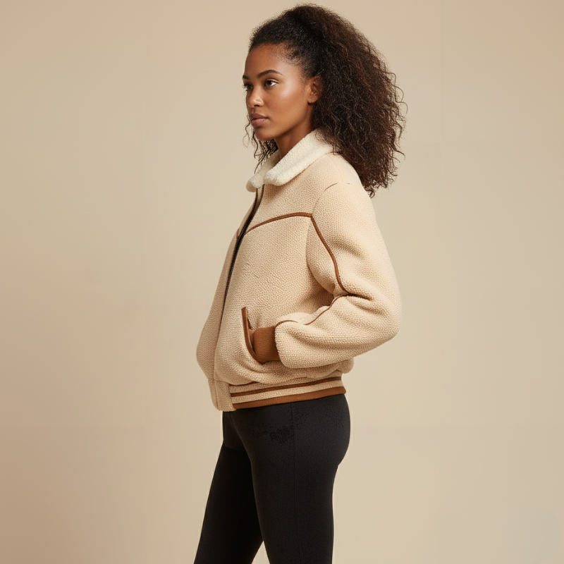 “Frostline Drift” – Shearling tecnico con taglio sportivo e anima cozy urbana