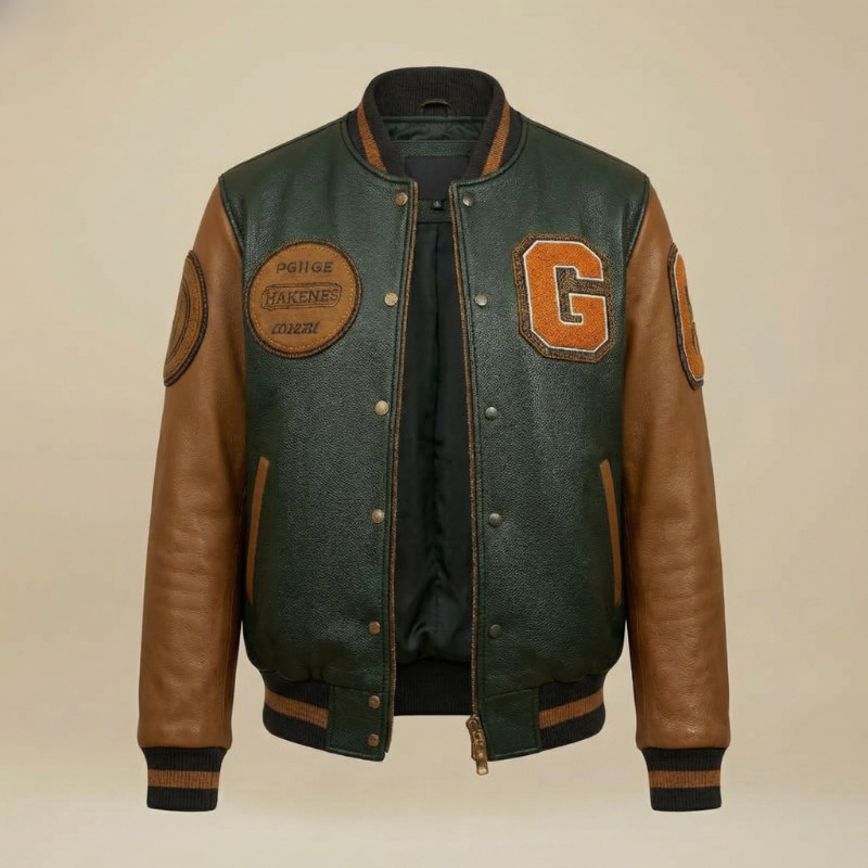 “Heritage Drive” – Varsity jacket in pelle e tessuto con patch iconici