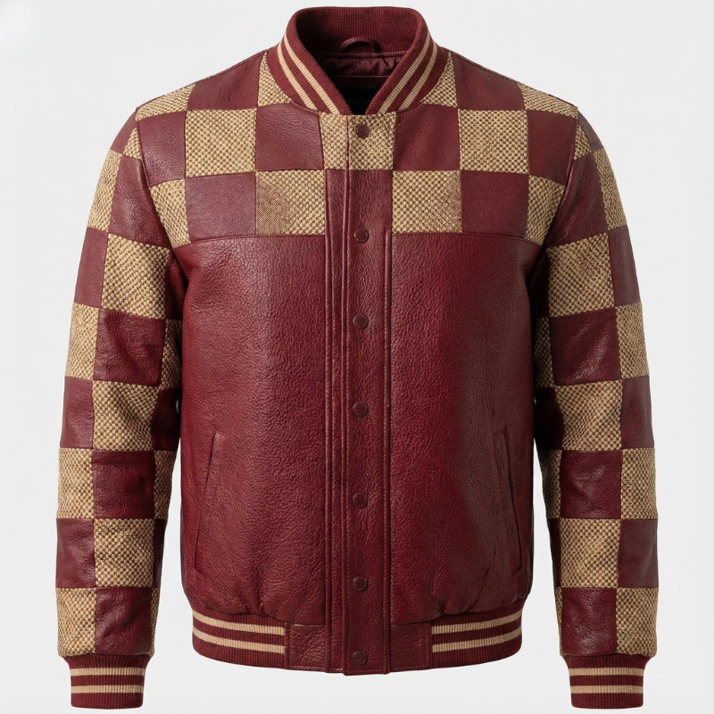 “Rebel Checkpoint” – Varsity in pelle con stampa checker e costruzione sportiva