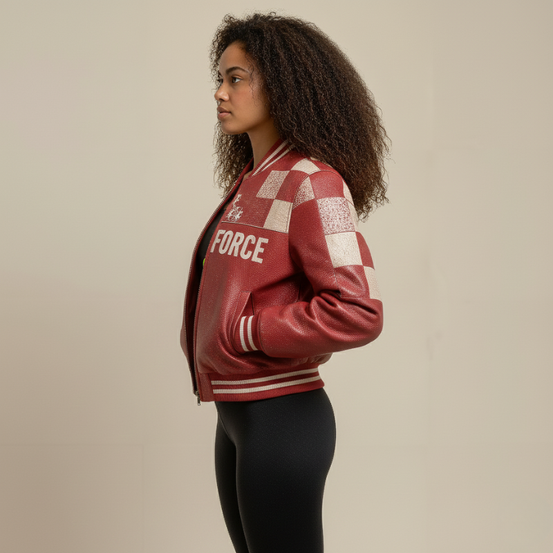 “Rebel Gridwave” – Varsity in pelle stampata con spirito grafico e taglio sportivo
