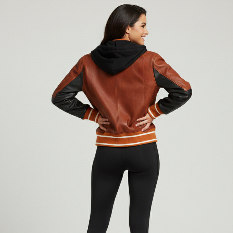 Double Flame Varsity — Veste de sport en cuir avec capuche et écussons brodés