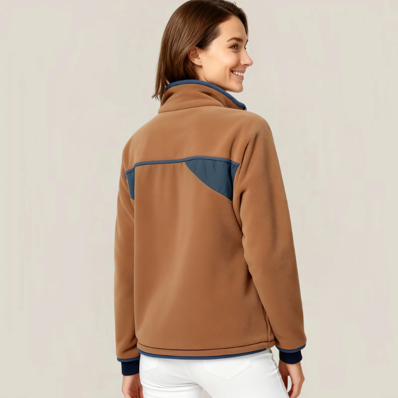 Boulder Ridge – Brown Fleece Jacket with Blue Pockets and High Collar