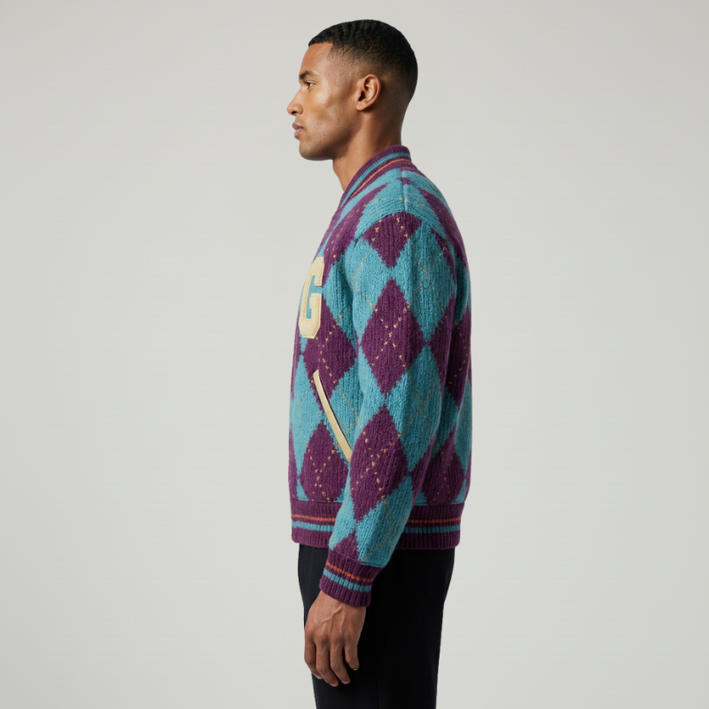 blouson aviateur universitaire en maille jacquard