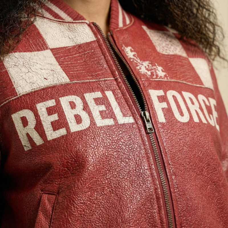 “Rebel Gridwave” – Varsity in pelle stampata con spirito grafico e taglio sportivo