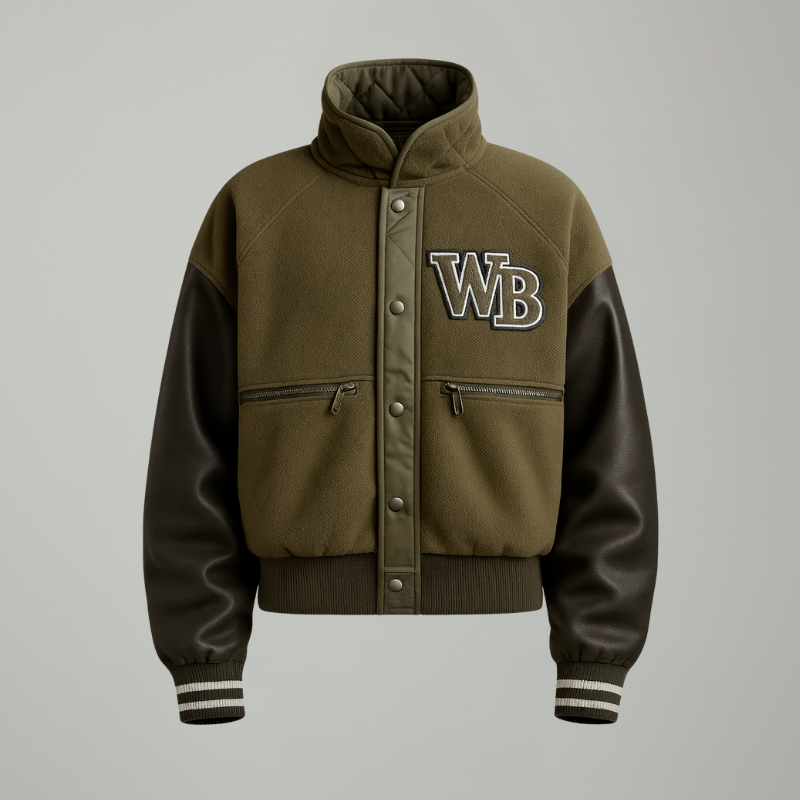 “Gridline WB” – Varsity strutturato con corpo testurizzato e maniche in pelle premium
