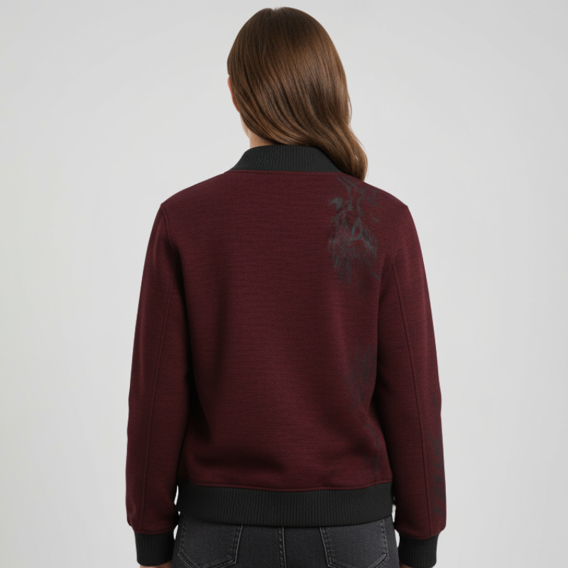 Bordeaux Technical Bomber Jacket with Botanical Motif