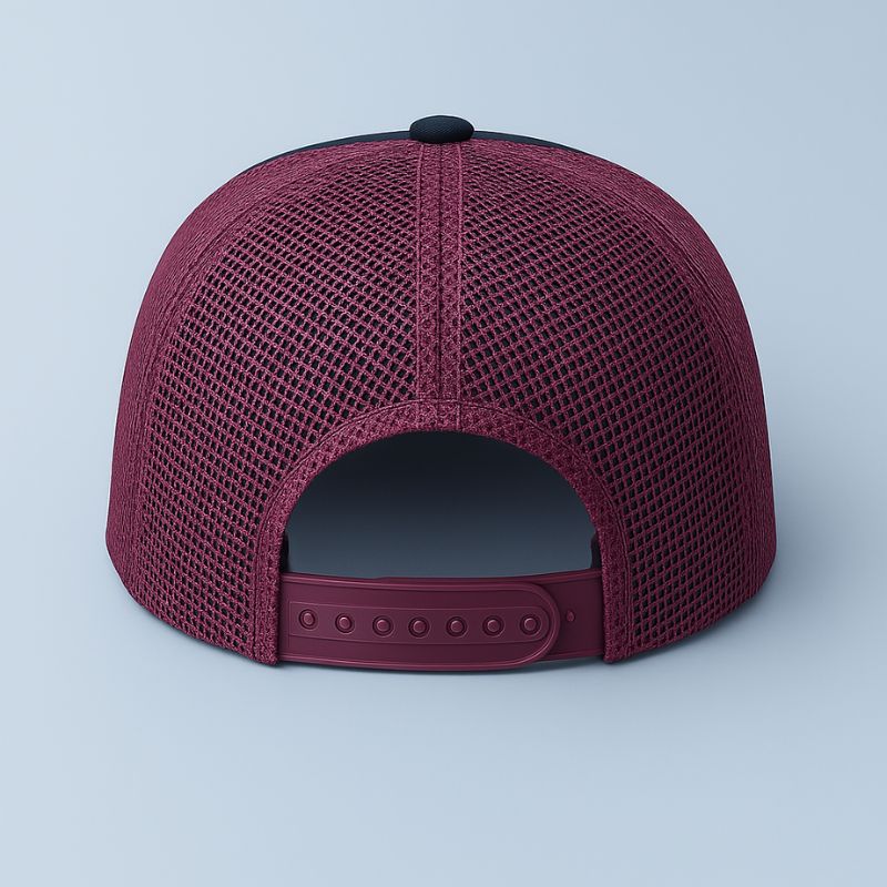 Linea angelica – cappellino trucker nero e bordeaux con patch cherubino