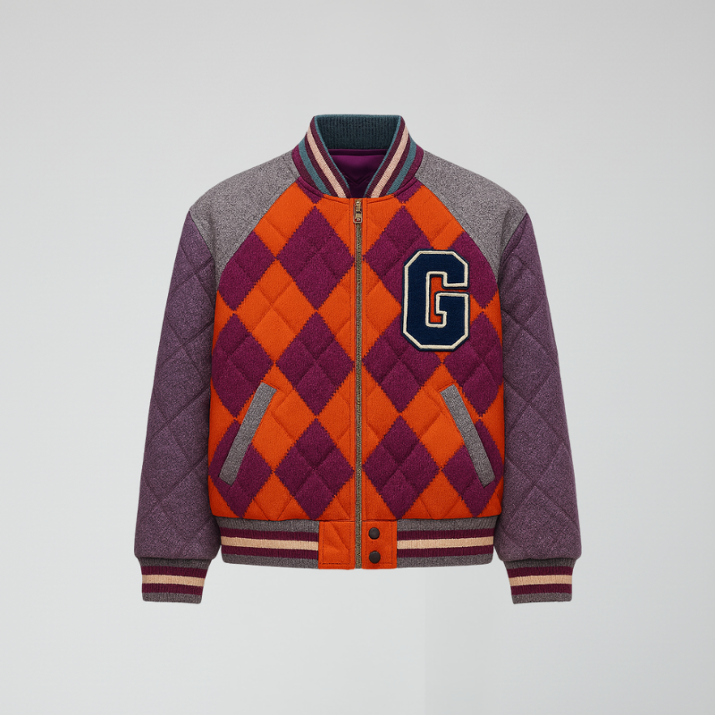 Grid Impact Varsity — Multicolor Quilted Jacket with Iconic Embroidery