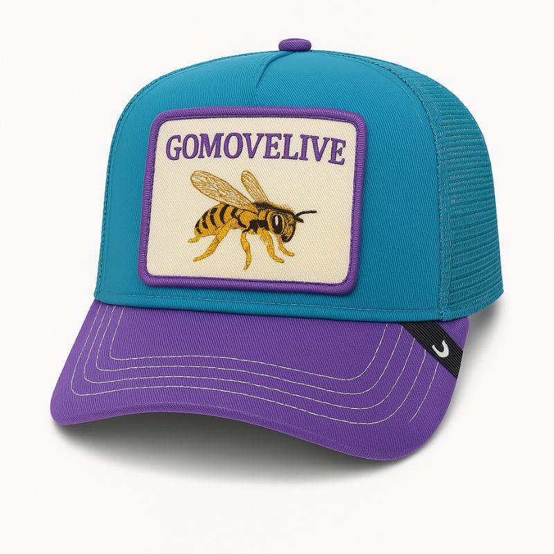 Volo creativo – cappellino trucker teal e viola con patch ape