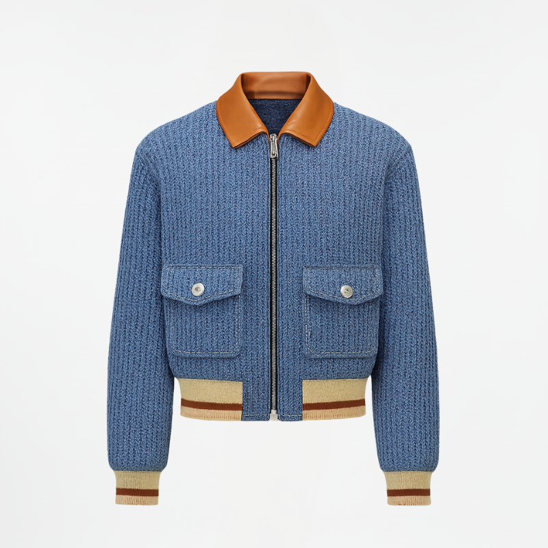 Blue Heritage Bomber – Knit & Faux Leather Jacket