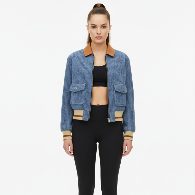 Blue Heritage Bomber – Knit & Faux Leather Jacket