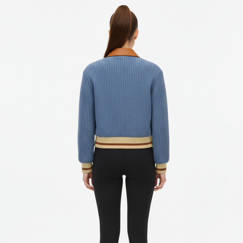Blue Heritage Bomber – Knit & Faux Leather Jacket