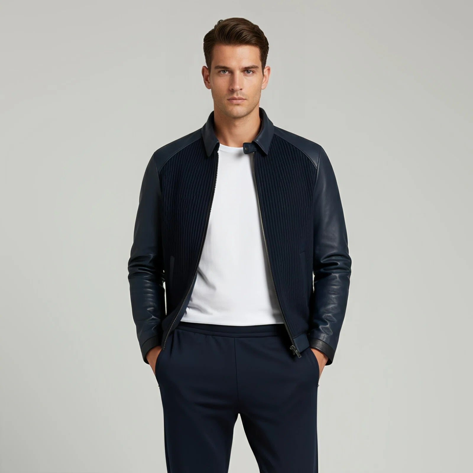 NavyMotion – Sporty Bomber Jacket in Technical Knit and Lambskin