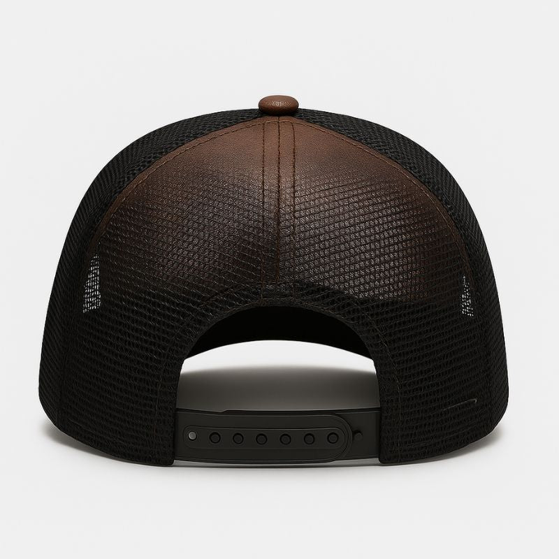 Urban roots – cappellino trucker in pelle marrone e mesh nera con doppio logo