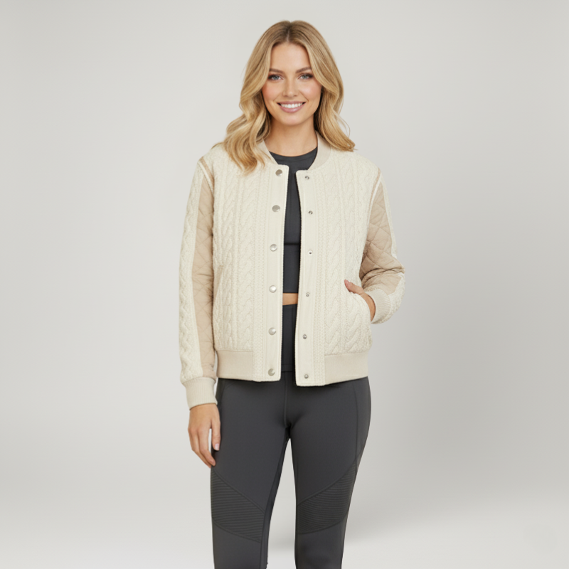 Textured Varsity Cream – Woven & Quilted Bomber Jacket