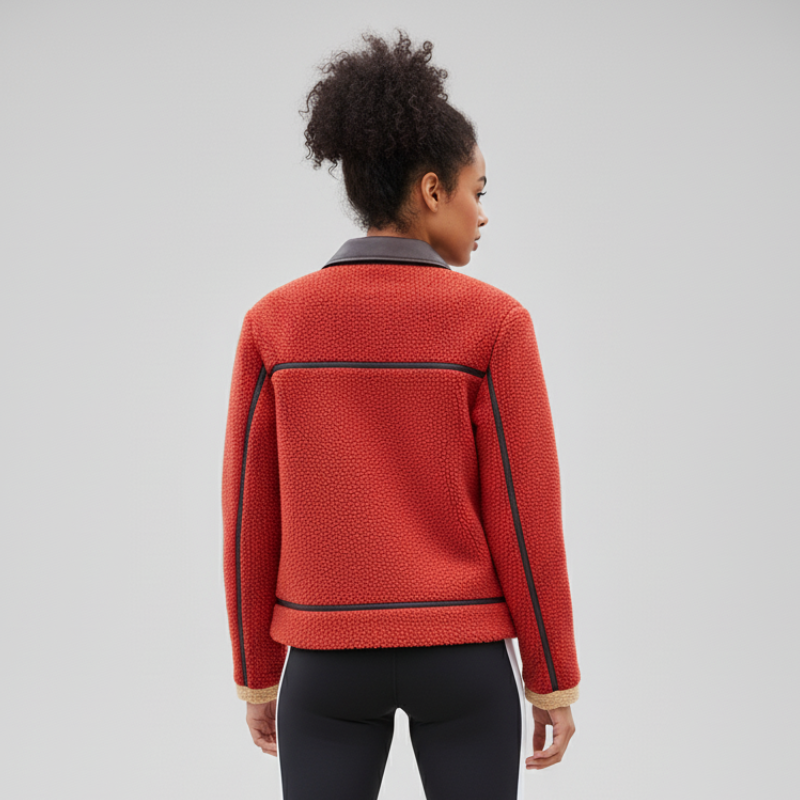 Giacca sportiva in sherpa rosso con dettagli in pelle e finiture sartoriali