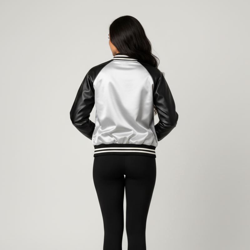 “Silver Pulse” – Technical varsity with metallic body and black leather sleeves