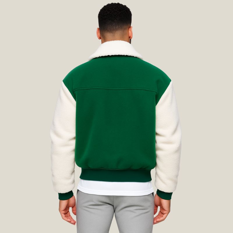 Varsity Sherpa Jacket – Green College Jacket with White Fleece Sleeves and Lined Collar